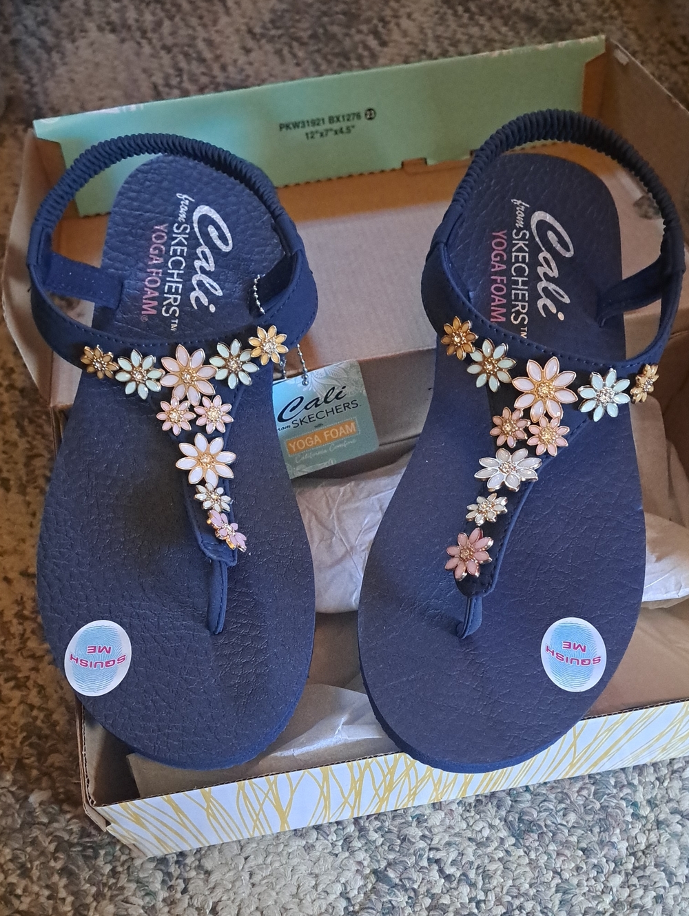 Skechers navy sandals with gold and pink floral accents
